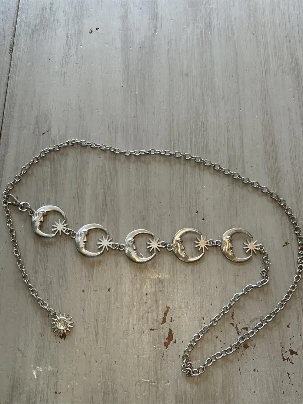 Celestial Moon Sun Adjustable Silver Tone Metal Chain Belt Boho 50”